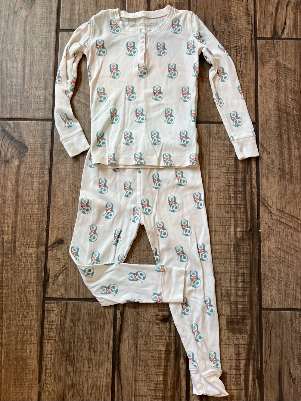 The Beaufort Bonnet Company Cream Pajama Set with Blue and Orange Dog Design